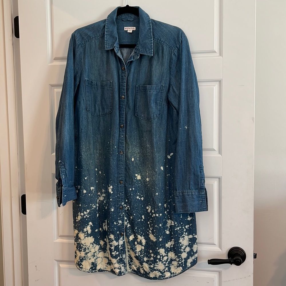 Upcycled Denim Button Up Dress with Bleaching Detail XL
